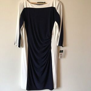 Lauren by Ralph Lauren side ruched, colour blocked, stretchy, flattering dress.